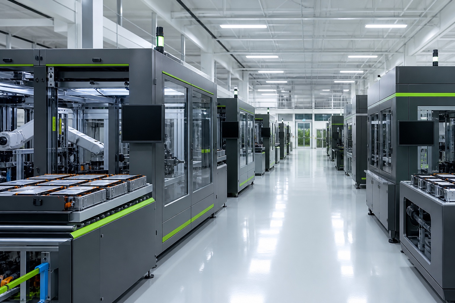 Battery module assembly hall with automated stations along a clean production aisle