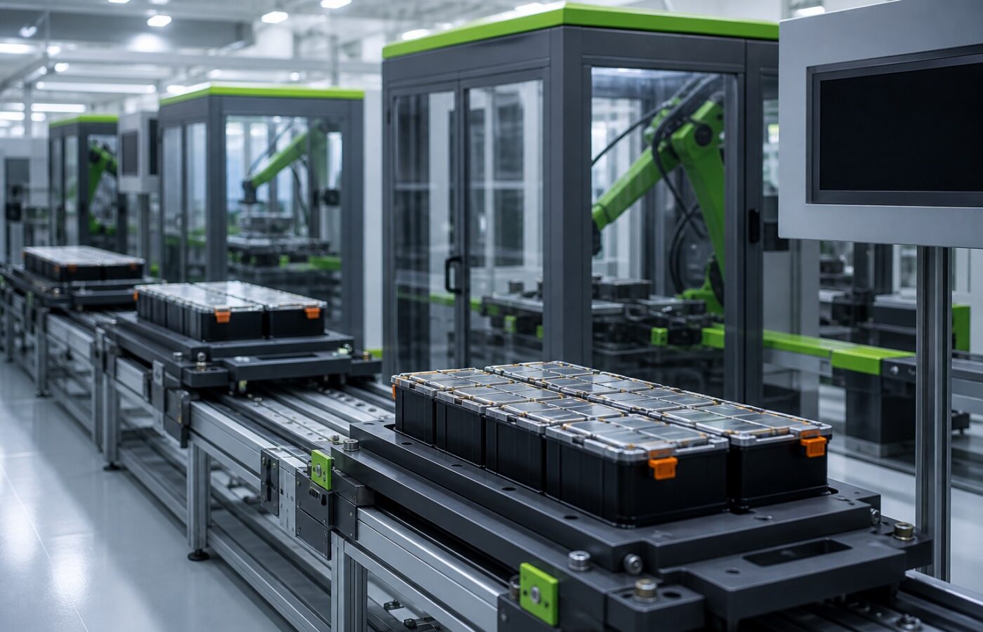 Battery pack assembly line with conveyor pallets and station frames