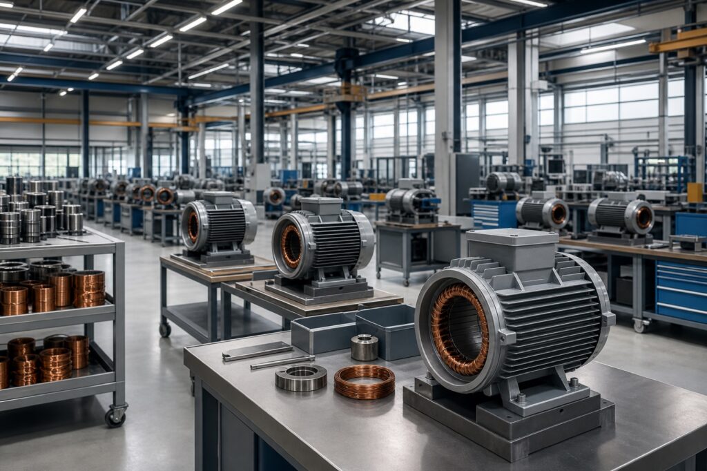 Electric motor manufacturing floor with assembly stations