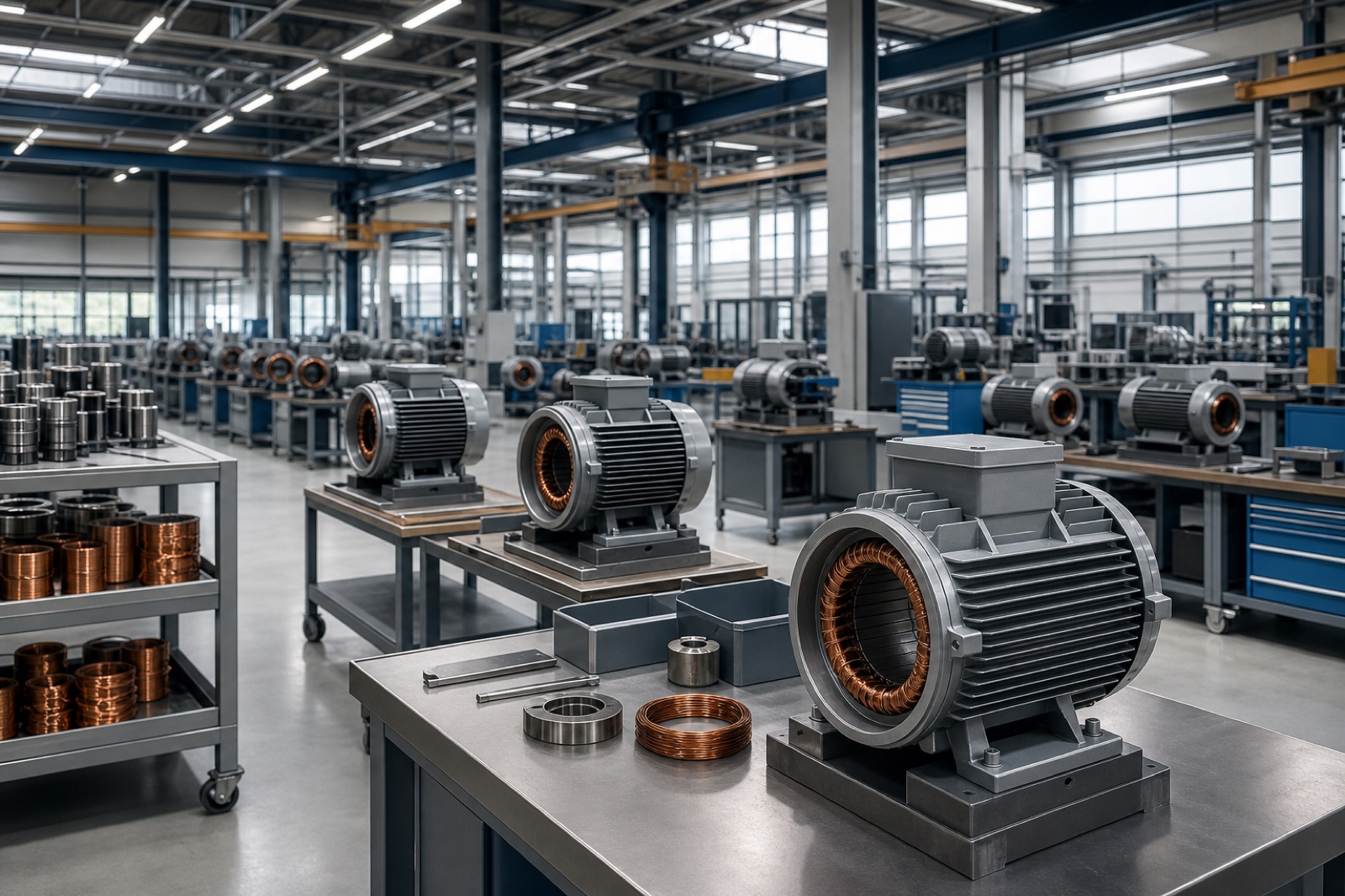 Electric motor manufacturing floor with assembly stations