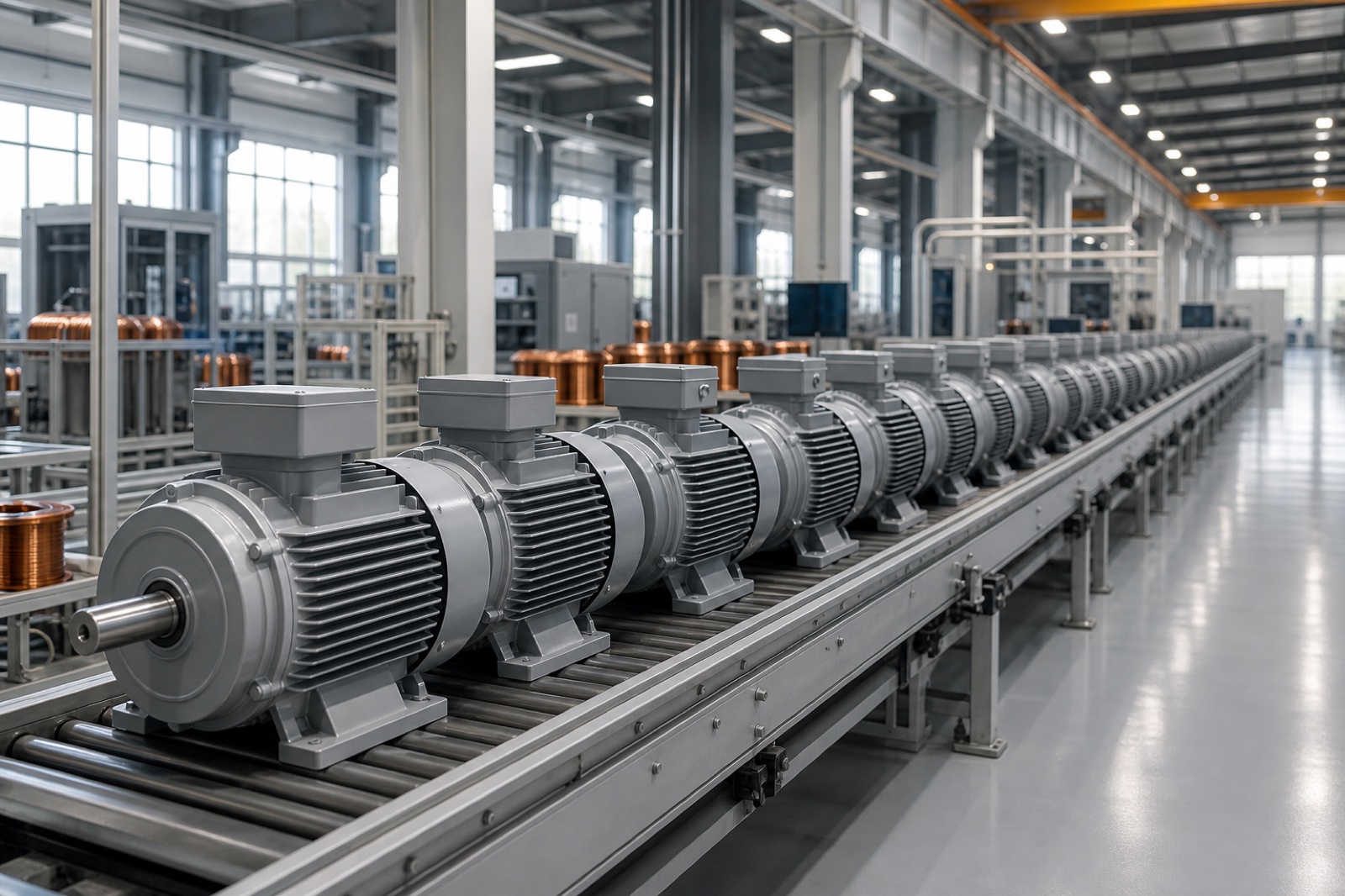 Rows of electric motors on a modern assembly line