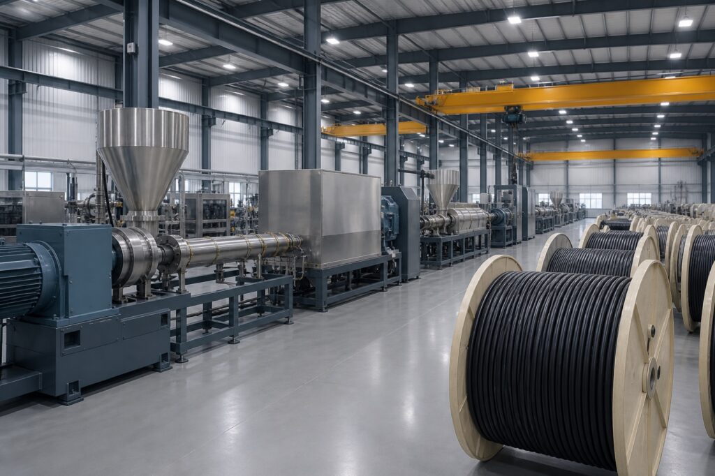 Wide view of a clean cable factory production floor with machinery lines