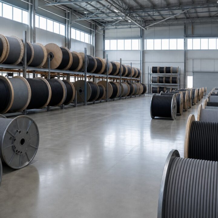 Rows of large cable drums wound with plain dark cable in a bright warehouse