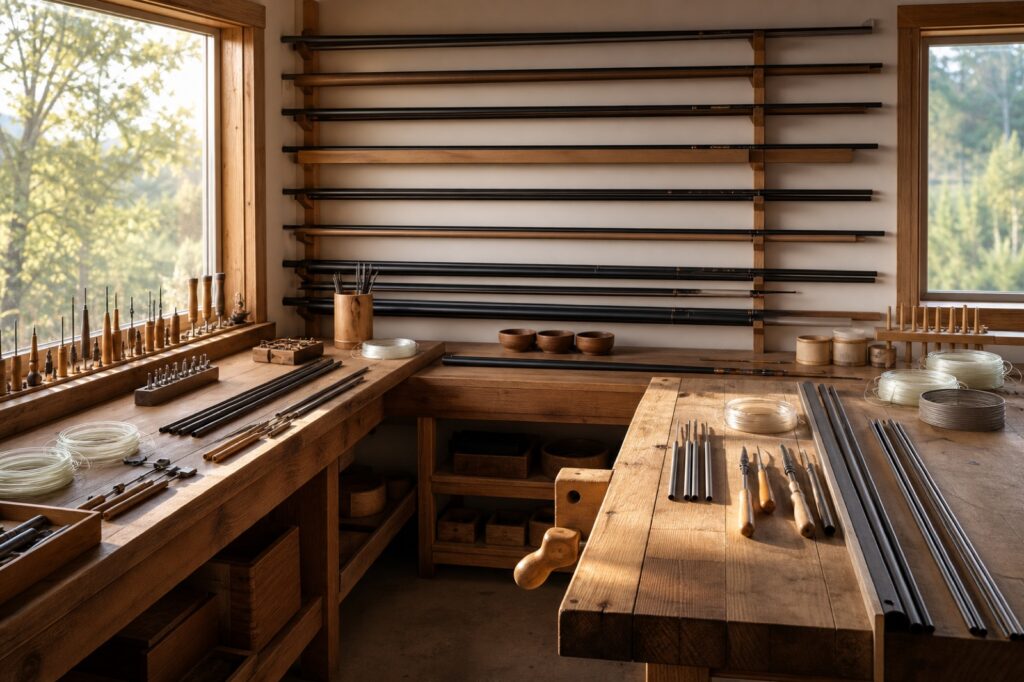 Rod-building workshop with blanks in racks and hand tools