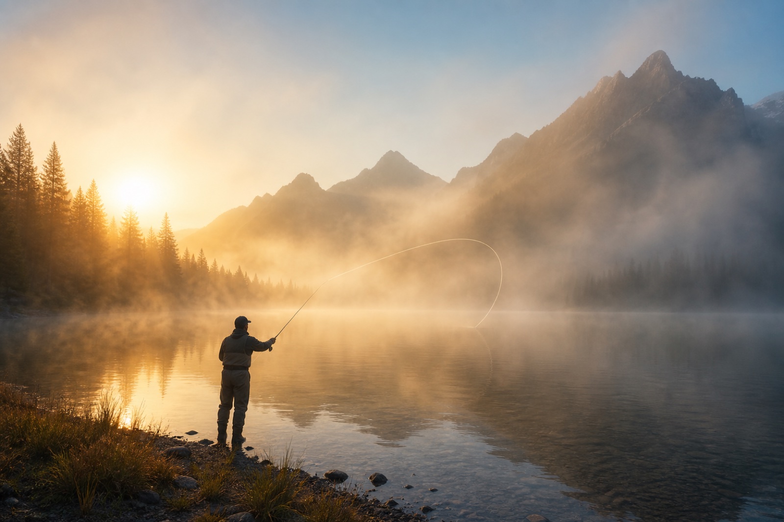 Angler fly fishing from the shore of a misty lake at sunrise