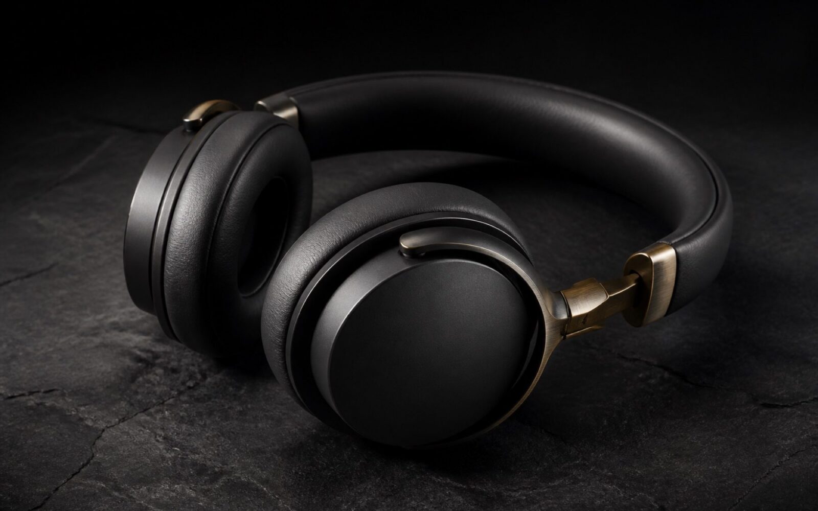 Premium over-ear headphones resting on dark textured stone under dramatic rim light