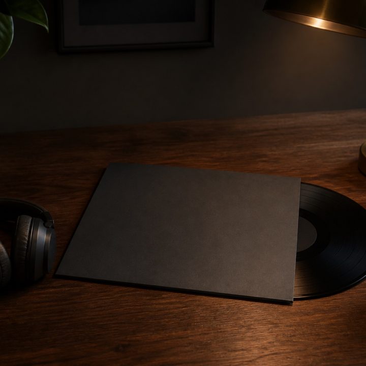 Desk scene with headphones, a blank record sleeve and a warm lamp on dark walnut