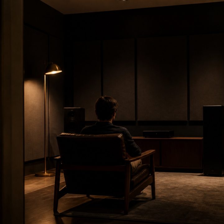 Person seated from behind in a dim listening room with acoustic wall panels