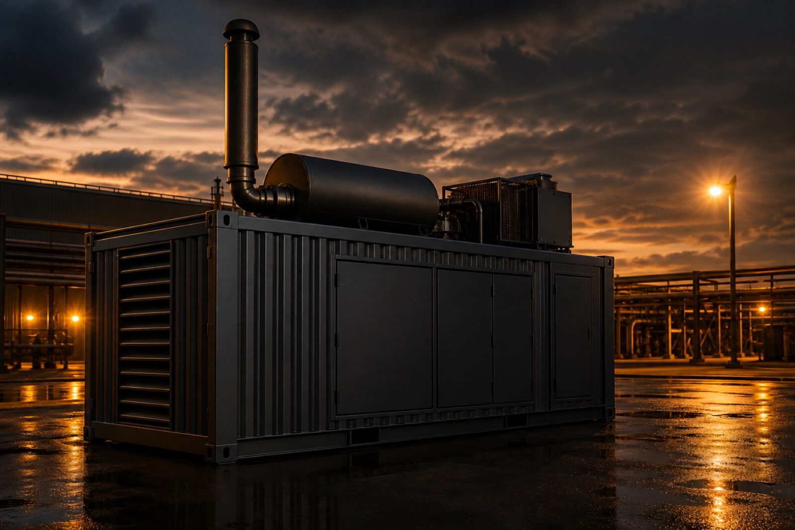 Containerised diesel generator set in an outdoor plant yard at dusk