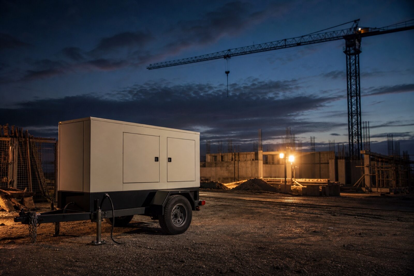 Construction site at dusk powered by a mobile generator