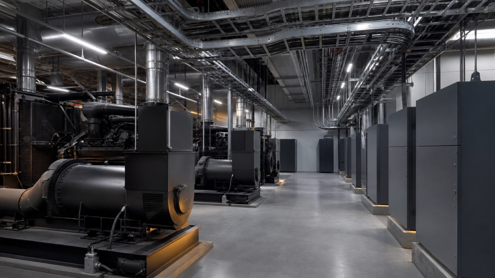 Data centre backup power room with rows of standby generator units