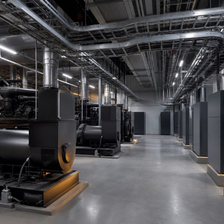 Data centre backup power room with rows of standby generator units