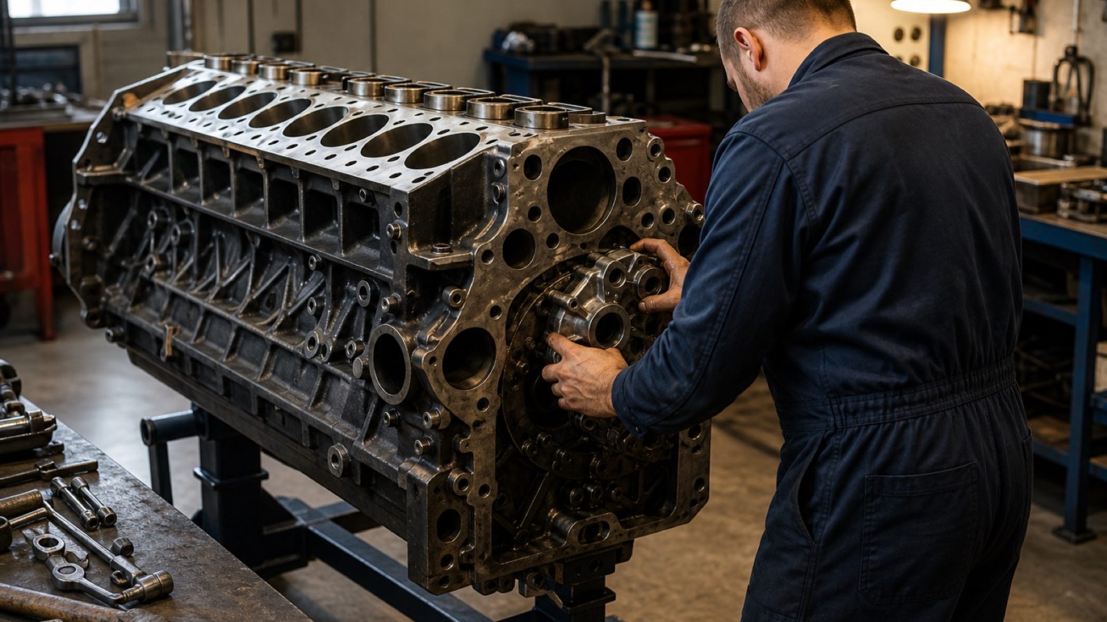 Mechanic assembling a large industrial diesel engine block on a workshop stand