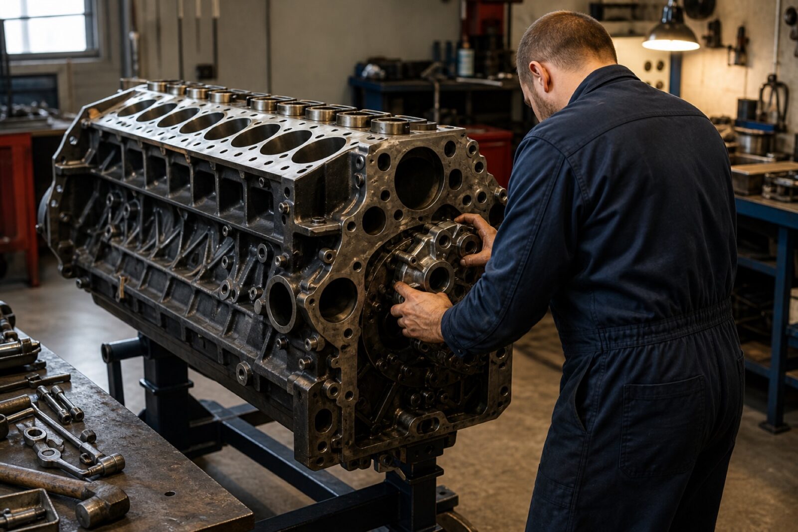 Mechanic assembling a large industrial diesel engine block on a workshop stand