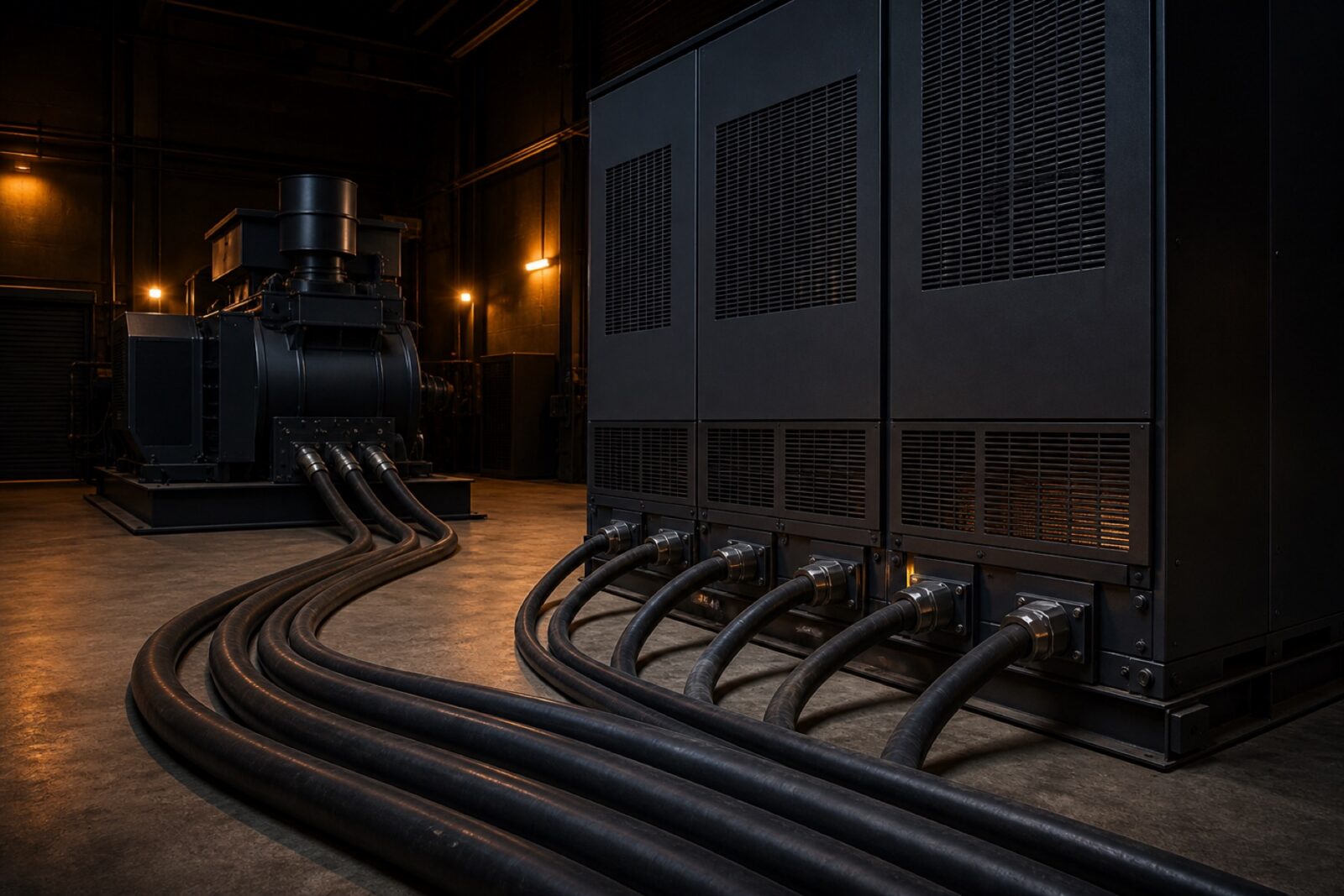 Generator load-bank testing bay with heavy cables and a resistive load bank