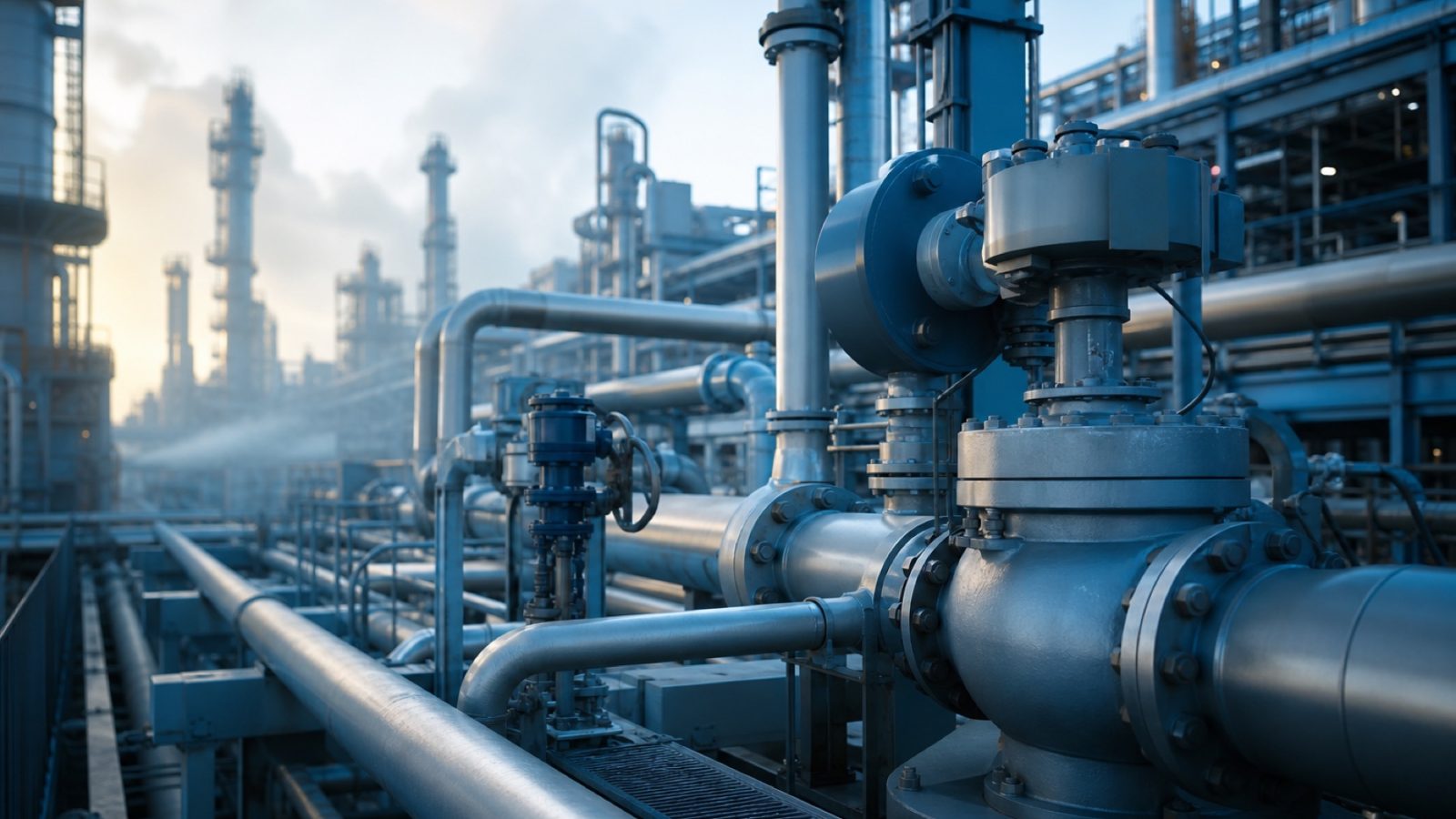Industrial process plant pipe rack lined with flanged steel valves and actuators