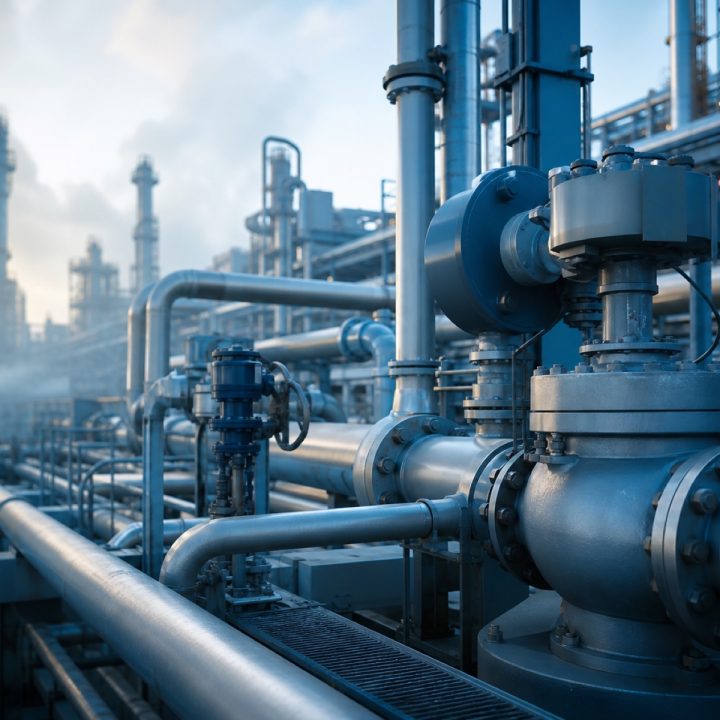 Industrial process plant pipe rack lined with flanged steel valves and actuators