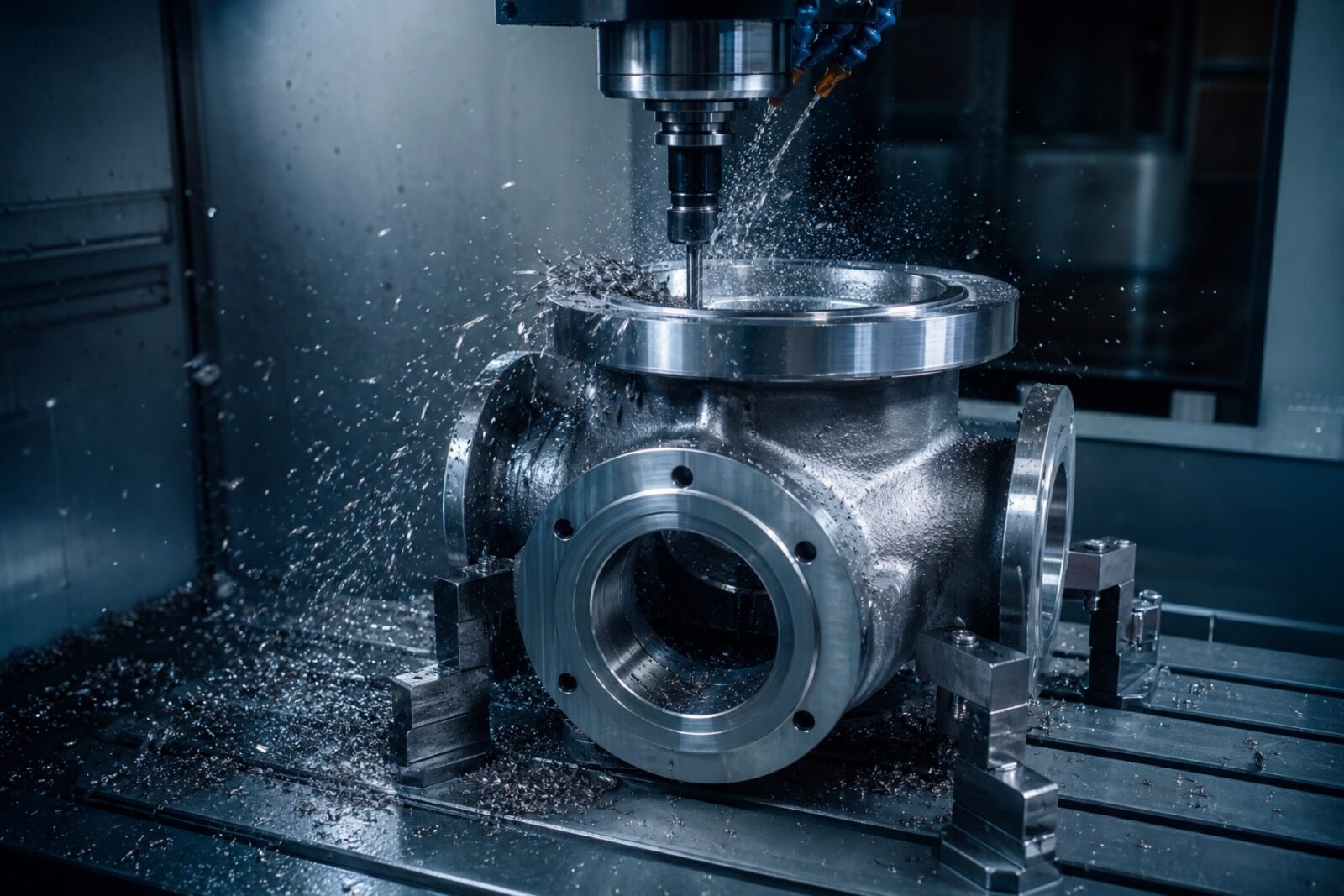 CNC machining centre cutting a large steel valve body under coolant spray