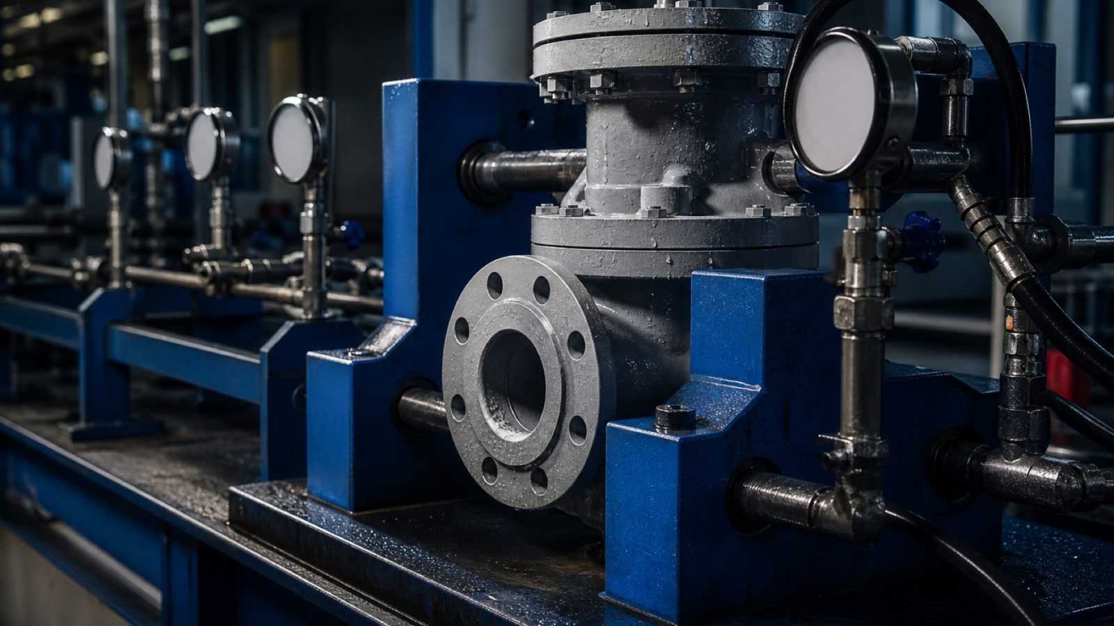 Hydrostatic pressure testing bay with a flanged valve clamped in a test rig