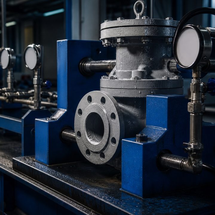 Hydrostatic pressure testing bay with a flanged valve clamped in a test rig