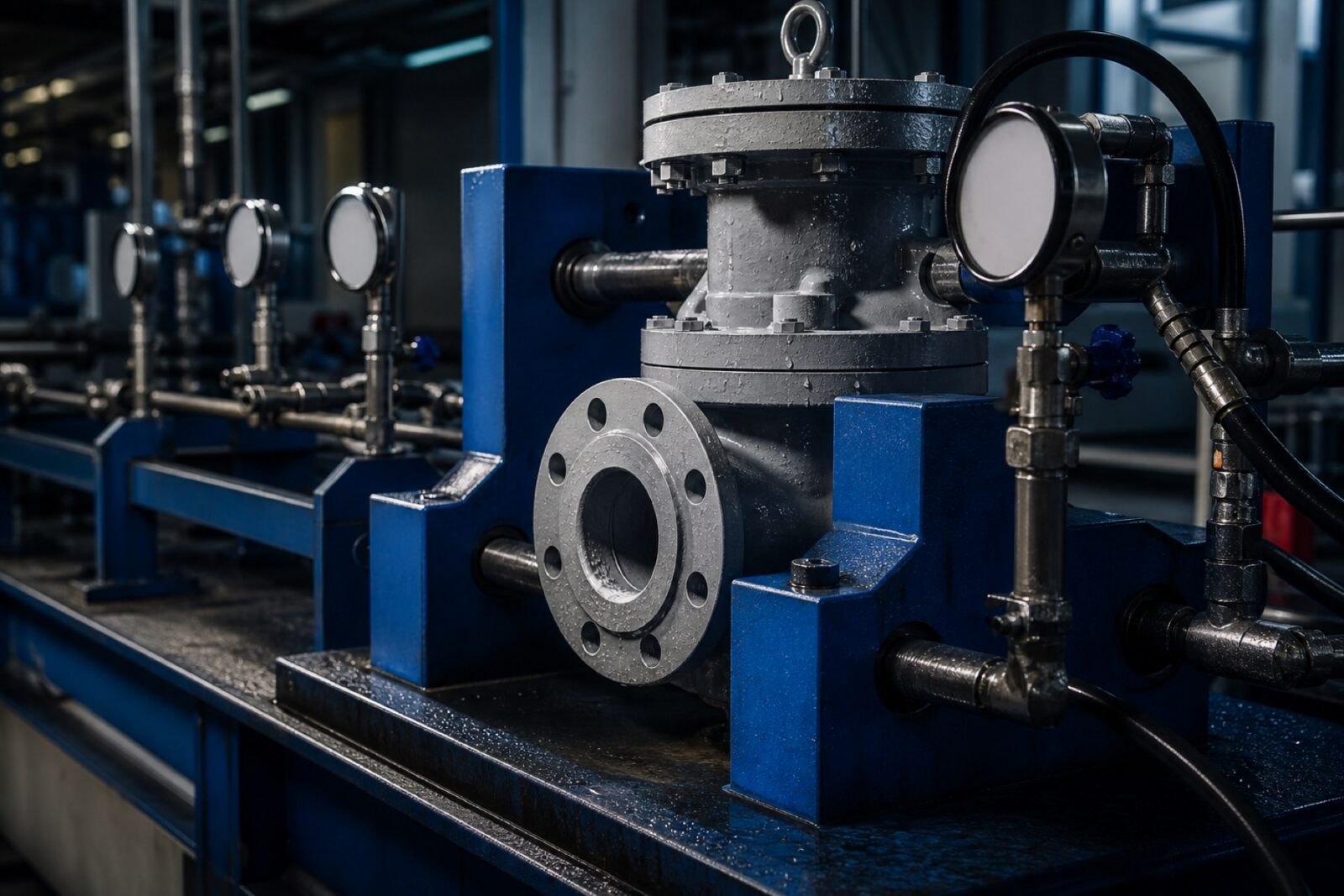 Hydrostatic pressure testing bay with a flanged valve clamped in a test rig