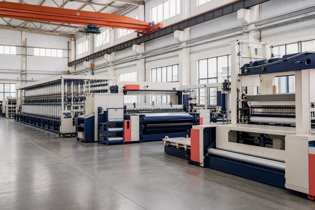 Wide view of a bright textile machinery final assembly hall