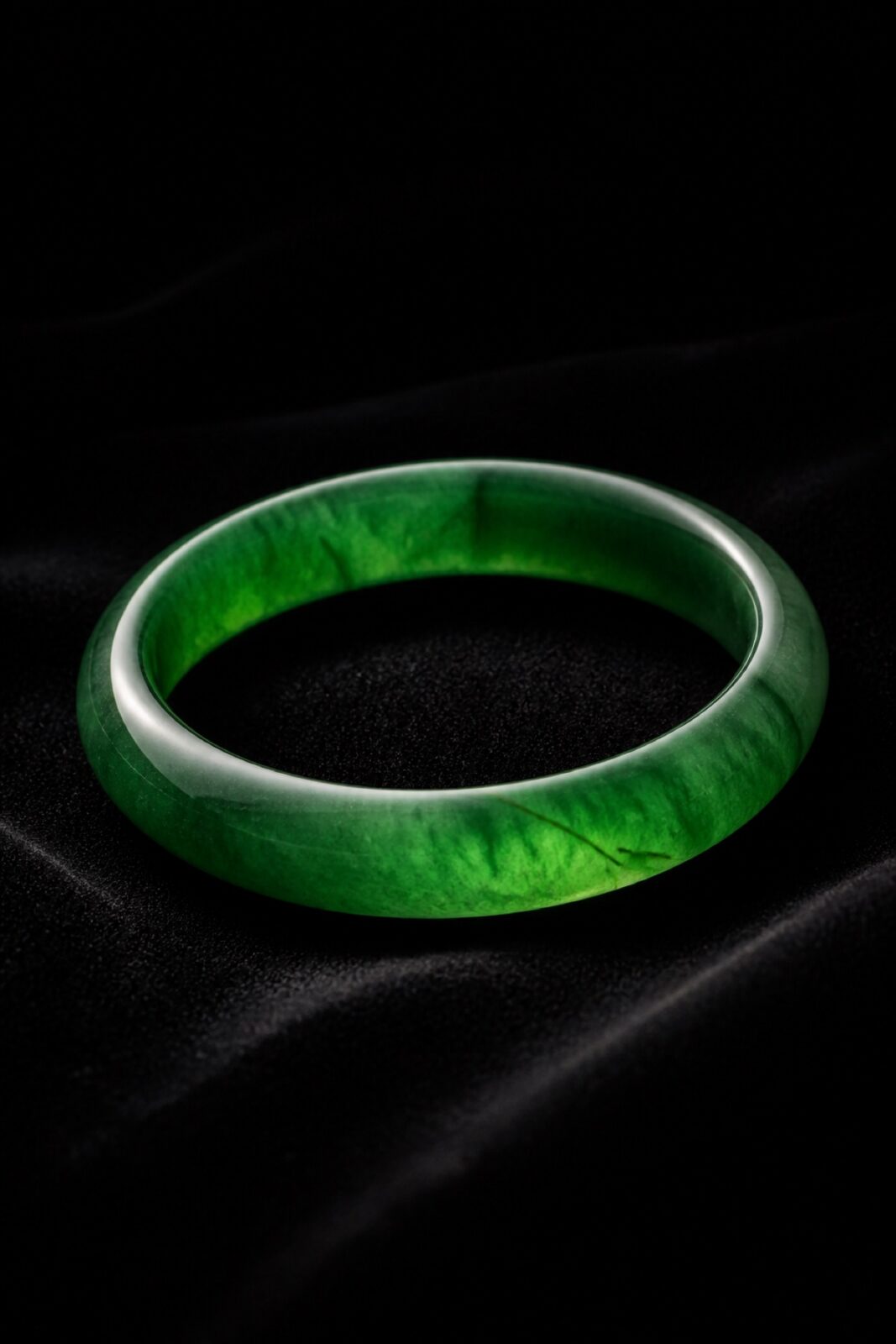 Imperial green jadeite bangle on black velvet