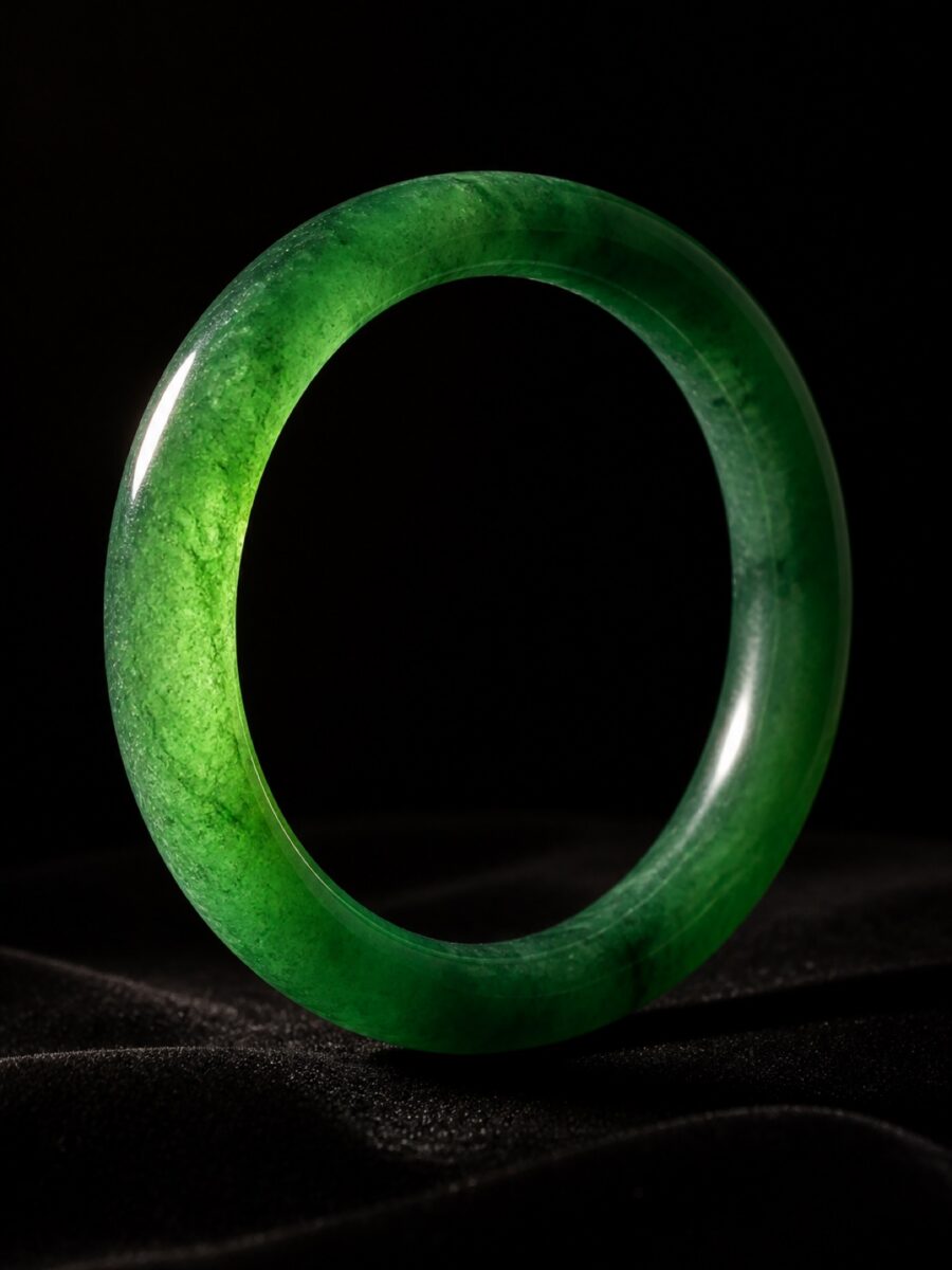 Imperial green jadeite bangle on black velvet