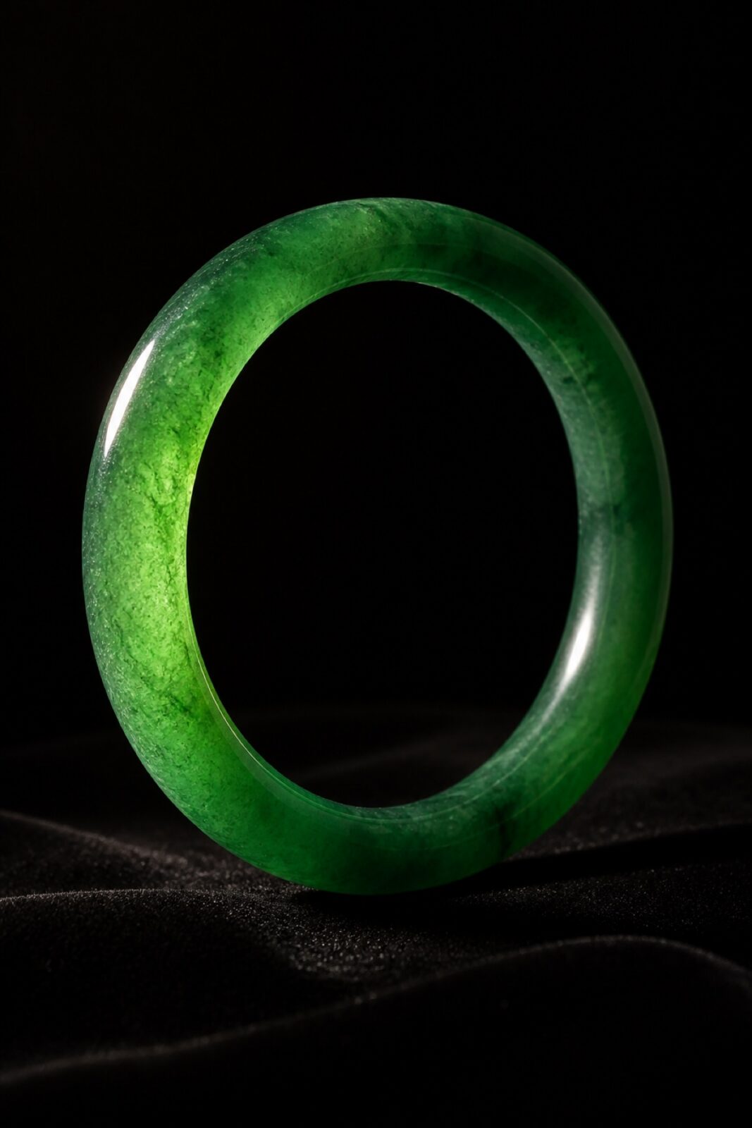 Imperial green jadeite bangle on black velvet