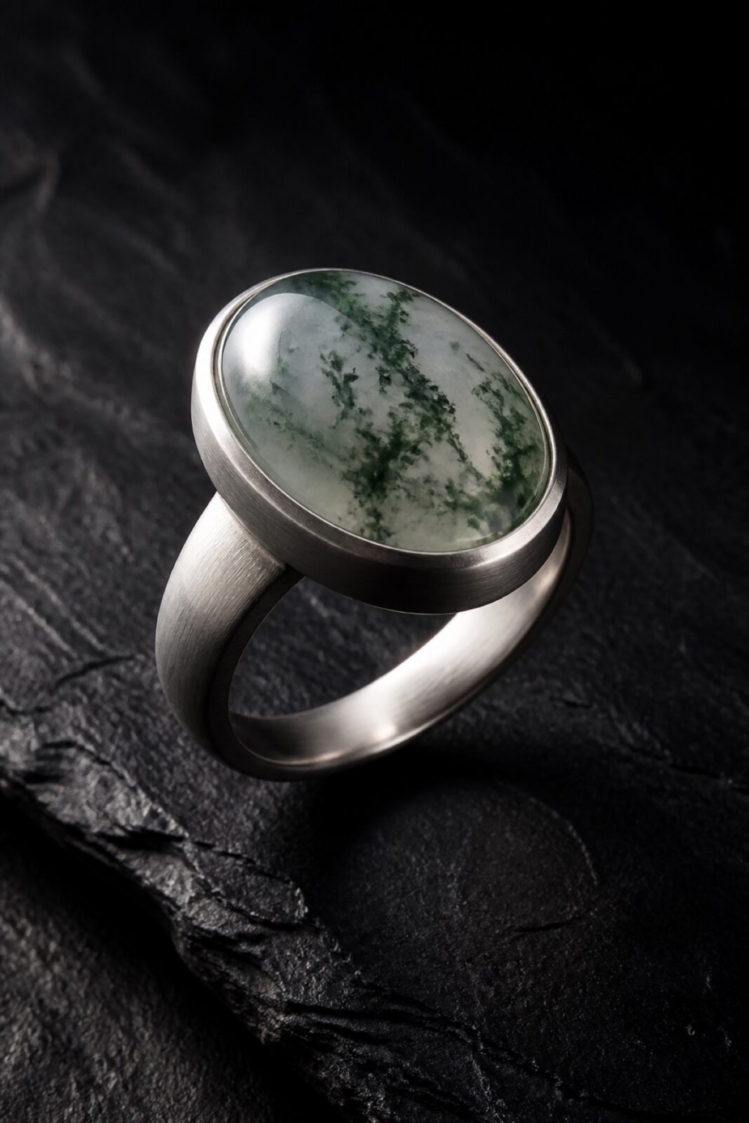 Moss-in-snow jadeite ring in brushed platinum