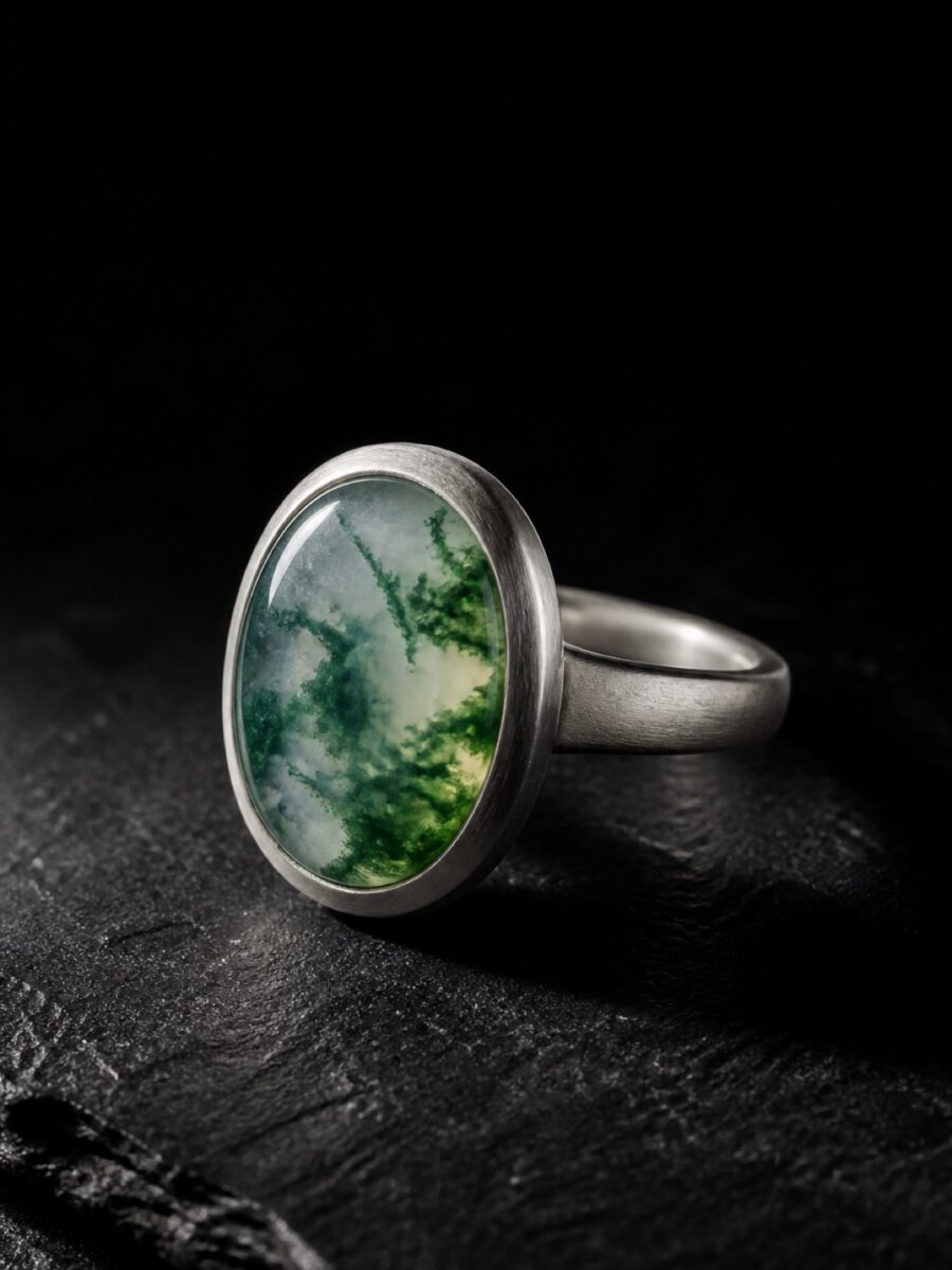 Moss-in-snow jadeite ring in brushed platinum