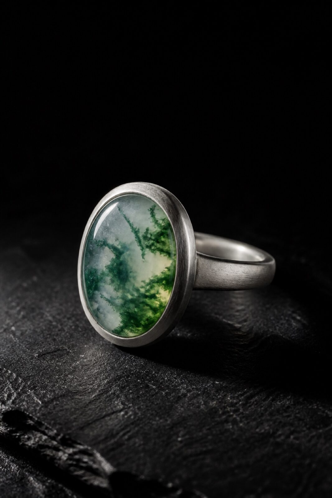 Moss-in-snow jadeite ring in brushed platinum