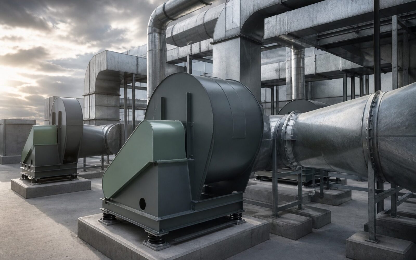 Rooftop ventilation plant room with large centrifugal fan housings and ductwork