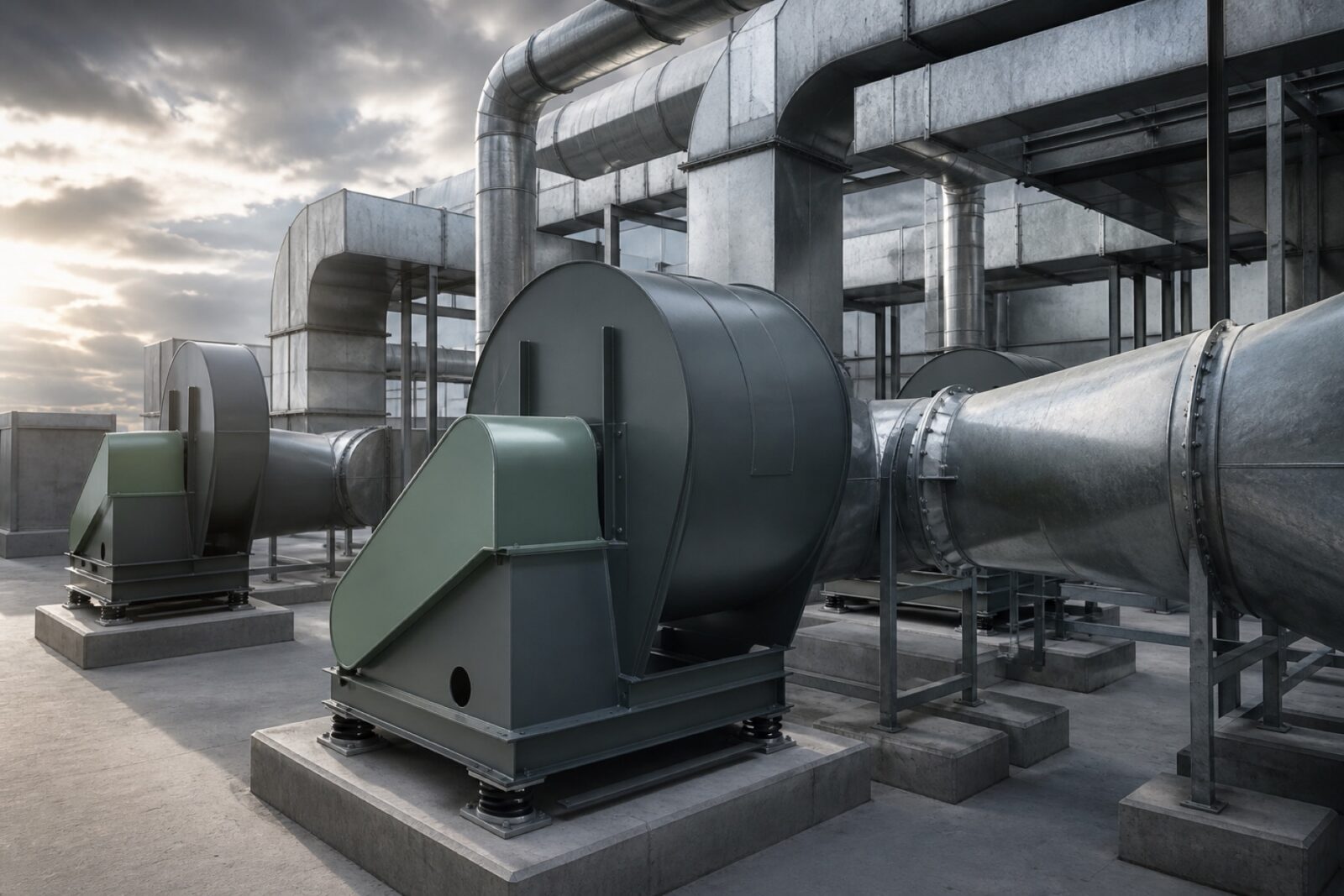 Rooftop ventilation plant room with large centrifugal fan housings and ductwork
