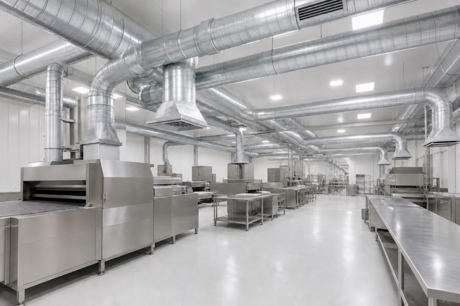 Stainless steel food processing hall with overhead ventilation ductwork