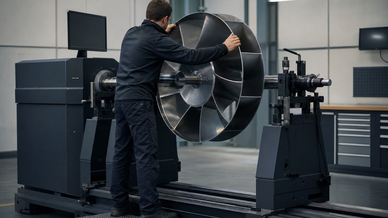 Technician balancing a large steel fan impeller on a dynamic balancing machine