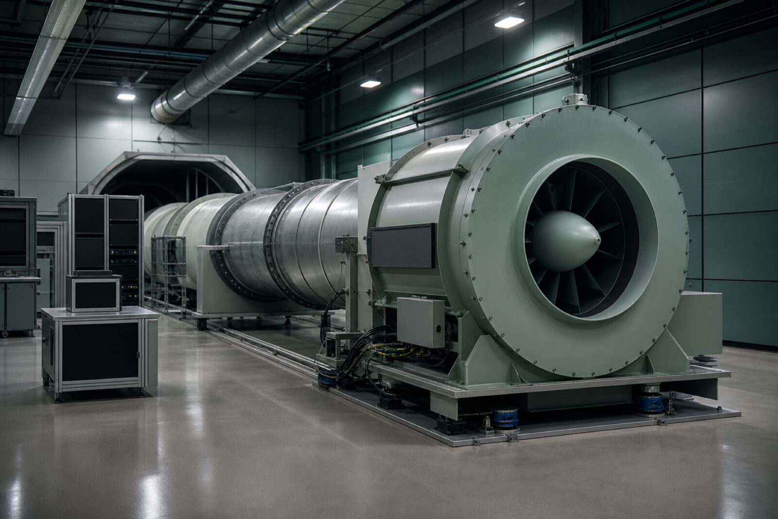 Aerodynamic fan test chamber with a ducted rig and instrumentation