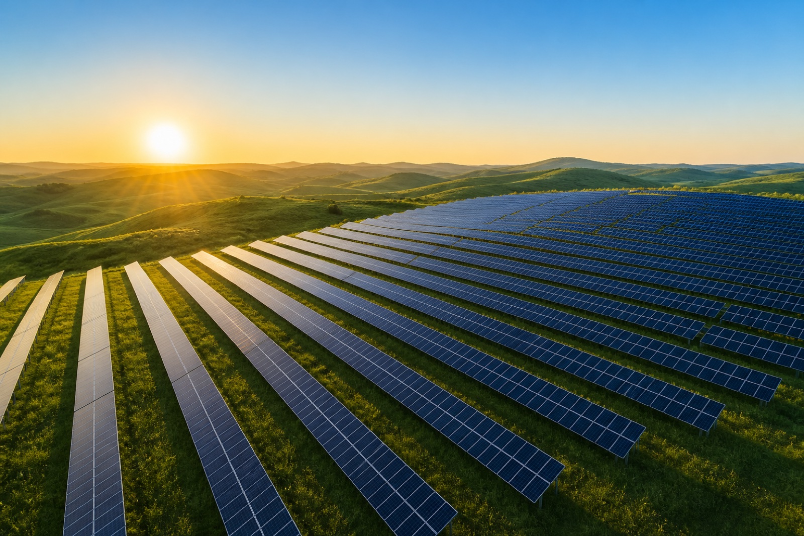Wide aerial view of a ground-mounted solar array under a clear morning sky