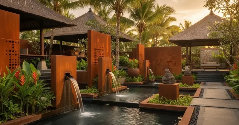 Modern corrosion-resistant corten steel water features and contemporary outdoor water tables with integrated pump systems.