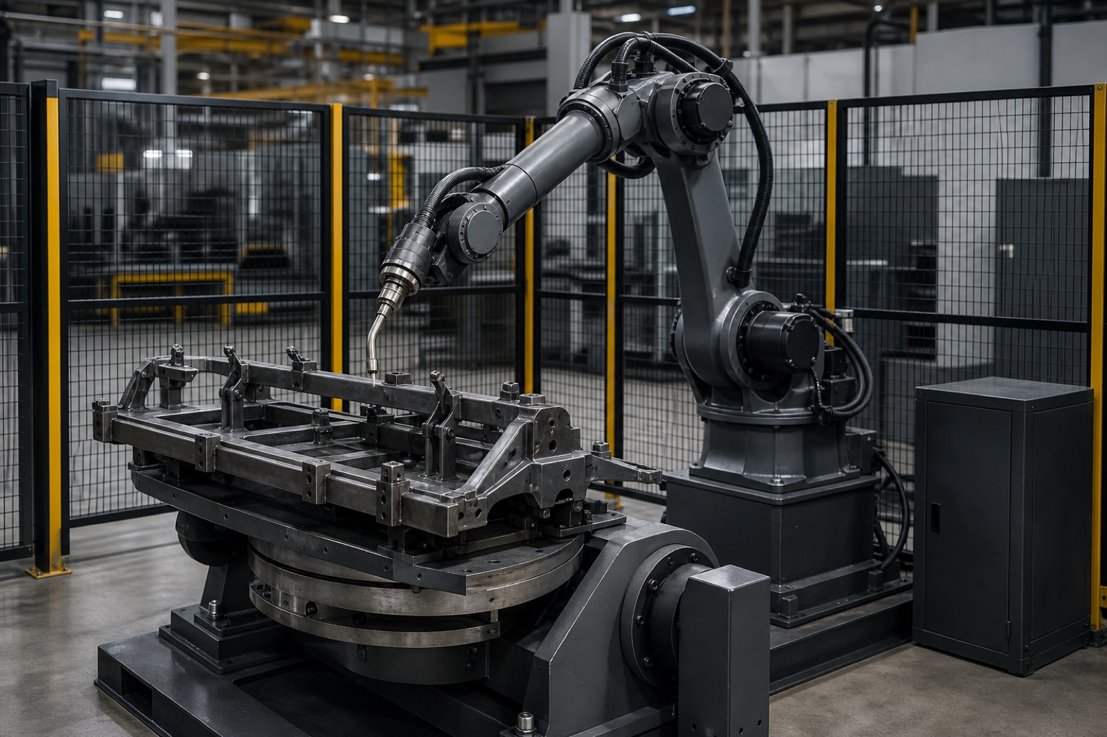 Robotic welding workstation laying a bead on a steel assembly