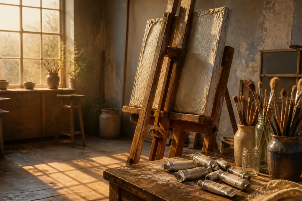 The studio in afternoon light, with an unfinished canvas on the easel