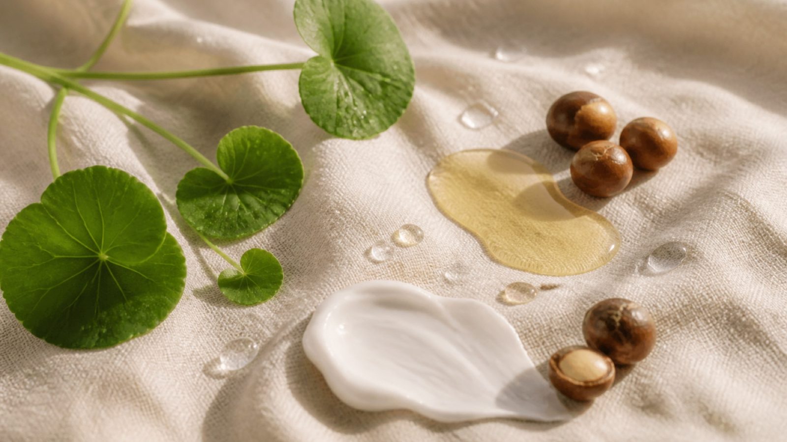 Botanical skincare ingredients on linen: centella leaves, camellia seeds and golden oil