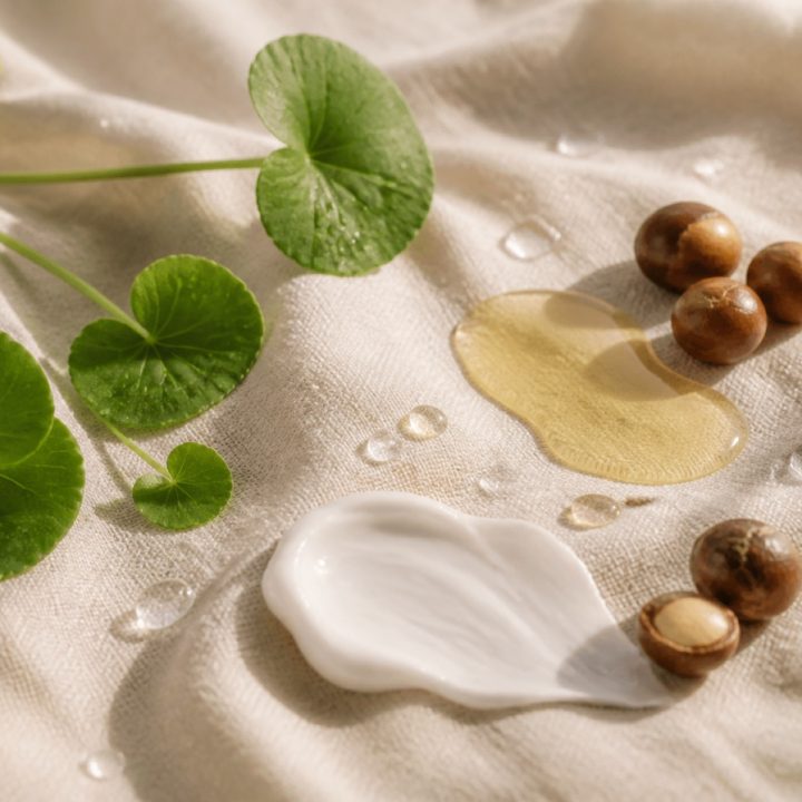 Botanical skincare ingredients on linen: centella leaves, camellia seeds and golden oil