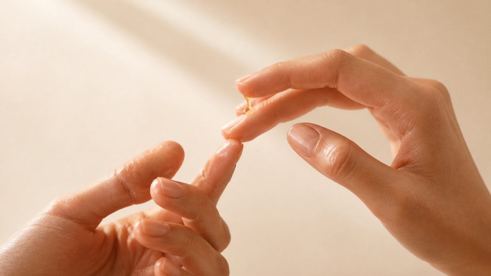 Hands warming a drop of facial oil between the fingertips