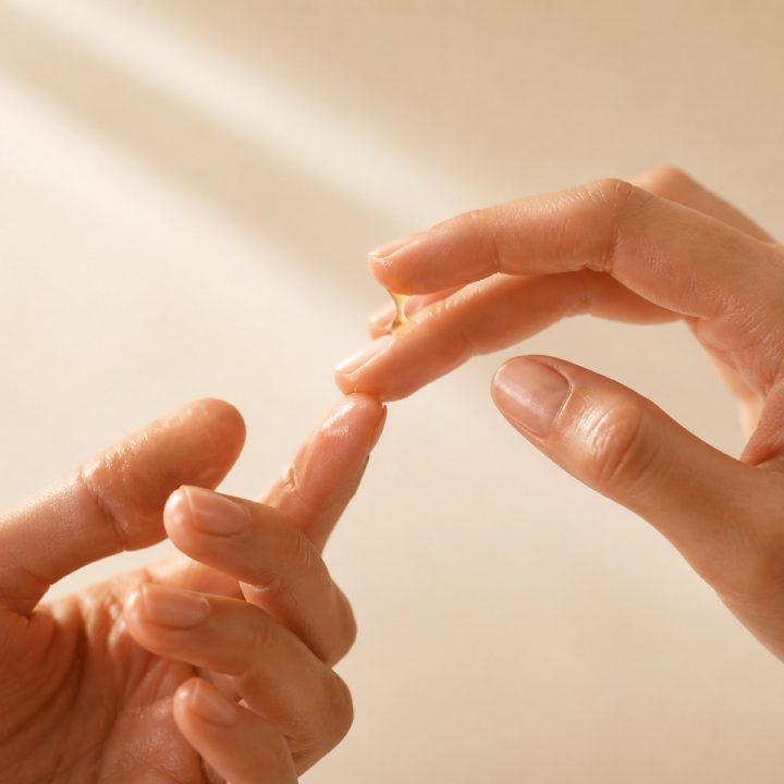 Hands warming a drop of facial oil between the fingertips