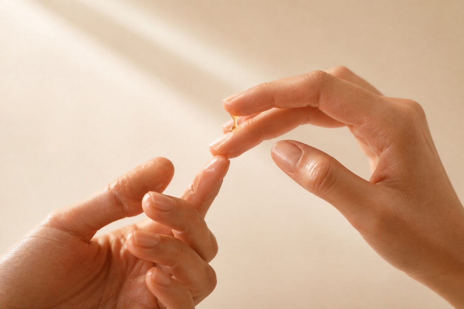 Hands warming a drop of facial oil between the fingertips