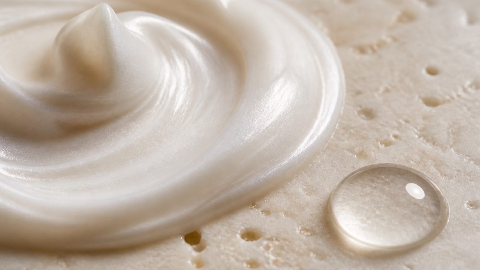 Macro of pearlescent cream and a clear serum droplet on a travertine surface
