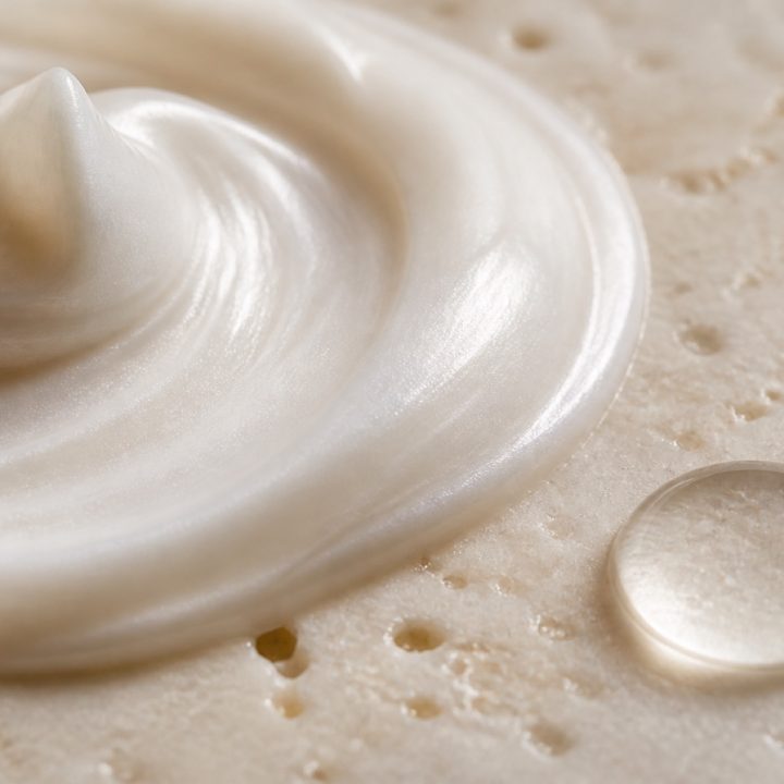 Macro of pearlescent cream and a clear serum droplet on a travertine surface