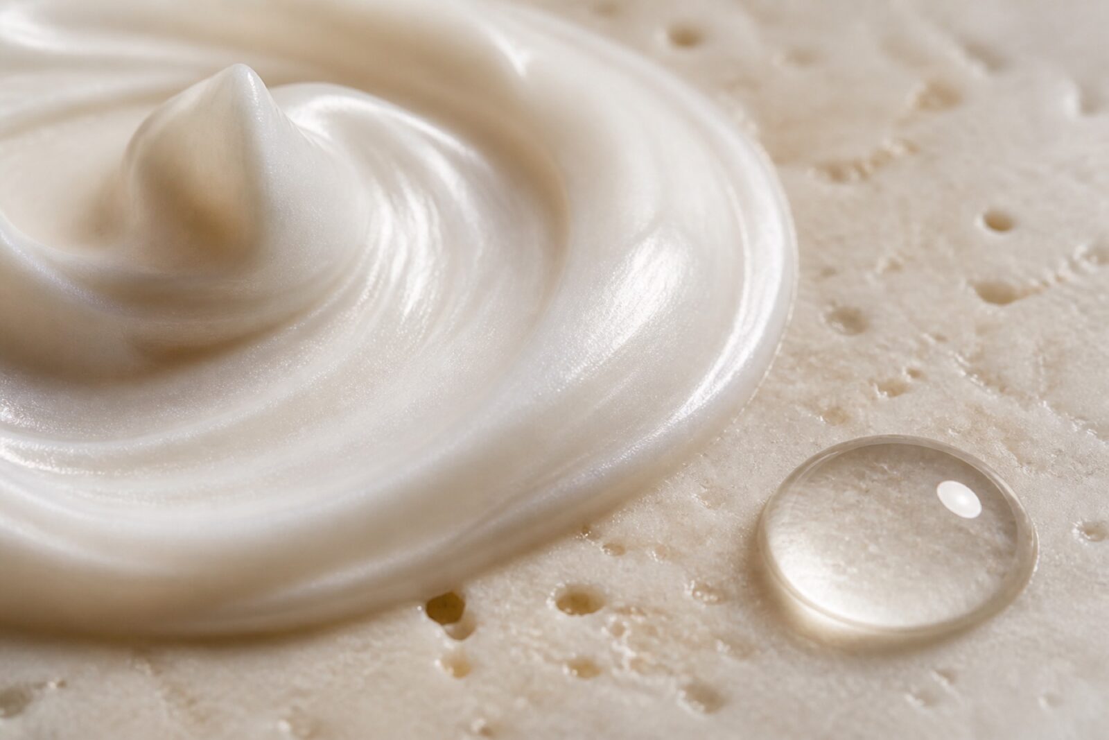 Macro of pearlescent cream and a clear serum droplet on a travertine surface