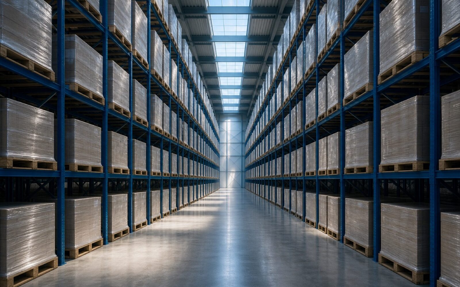 High-bay warehouse aisle lined with tall steel pallet racking